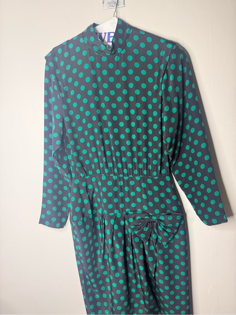 VTG. Polka Dot Long Sleeve Midi Dress in Teal and Black